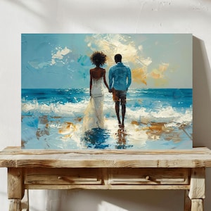 Romantic Beach Walk Print: Abstract African American Couple Silhouette
