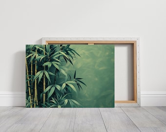 May include: A canvas print featuring a bamboo forest scene. The artwork showcases green bamboo stalks and leaves against a soft green background. The canvas is mounted on a wooden frame, with the back visible.