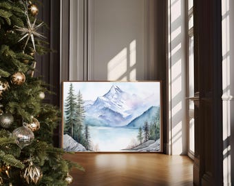 Watercolor Mountain Lake Print: Foggy Pine Tree Wall Art