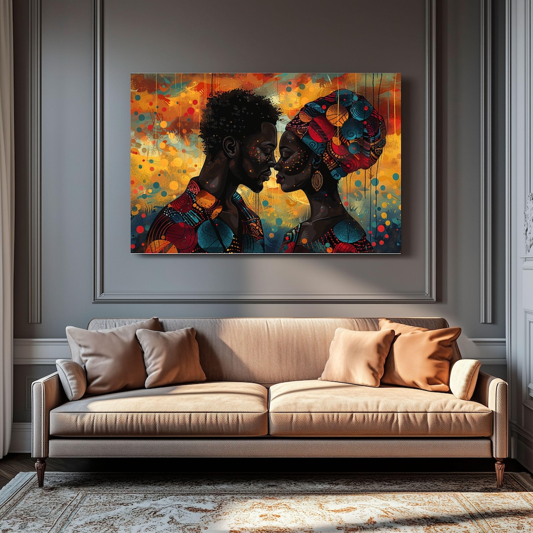 African Love Canvas Wall Art -black Couple in Intimate Embrace, Tribal ...