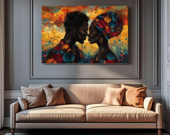 African Love Canvas Wall Art -Black Couple in Intimate Embrace, Tribal Textures, Earthy Colors