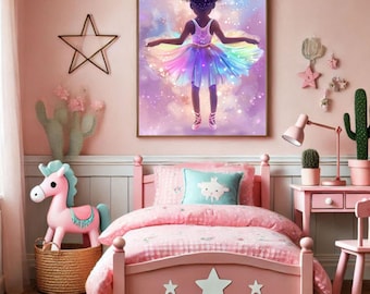 Whimsical Black Ballerina Wall Art -Colorful Abstract Dance Print, Little Girl Ballet Decor, Afro Girl Nursery Art