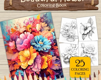 25 Beautiful Flowers Coloring Book | Adults Kids Coloring Pages | Instant Download | Grayscale Coloring Book | Printable PDF File.