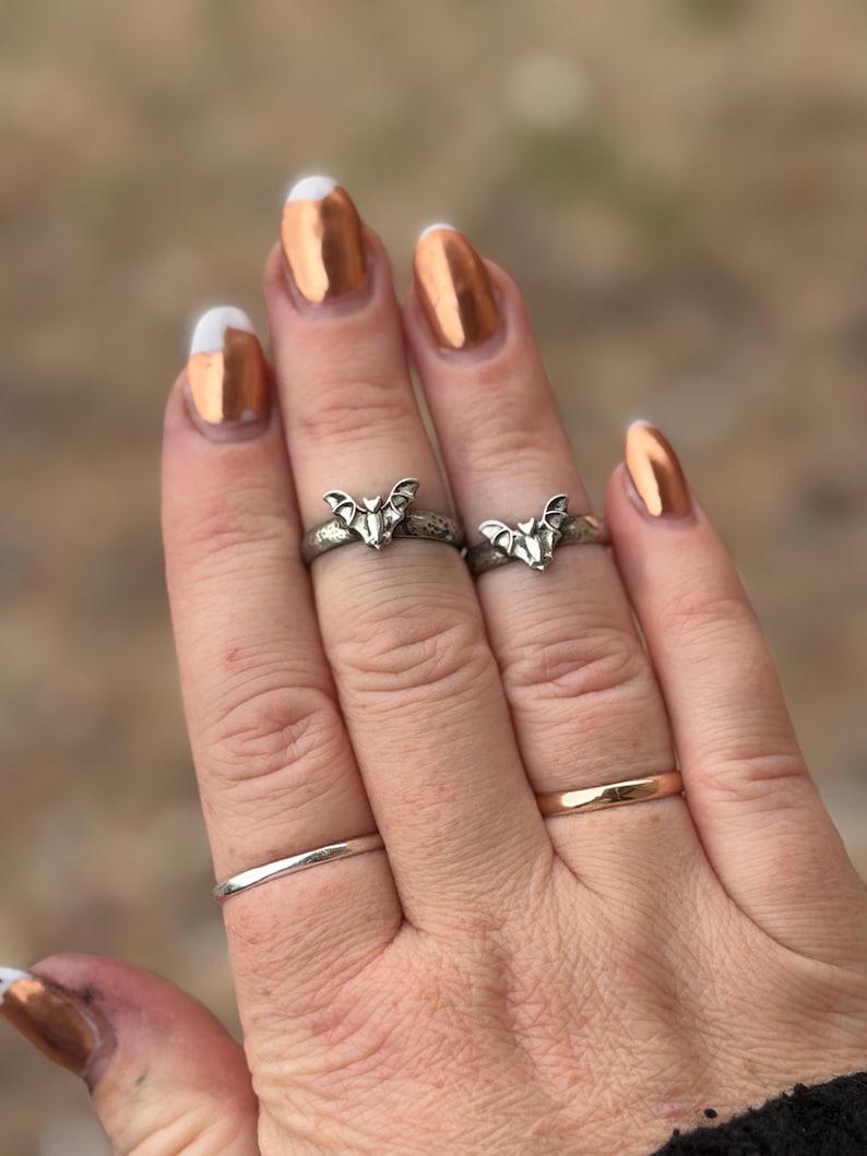 May include: Two silver-toned rings featuring a small bat motif on the upper band, paired with two plain, smooth bands worn on the lower fingers. The bat rings have a textured, dark finish, while the plain bands are polished silver and gold-toned.