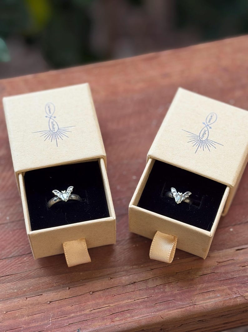 May include: Two silver-toned rings, each featuring a small bat-shaped ornament, are displayed inside individual tan cardboard sliding gift boxes. Each box lid is printed with a blue infinity symbol logo and rests on a black velvet insert.