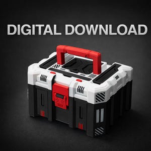 May include: A white, black, and red toolbox with the text "DIGITAL DOWNLOAD" in white. The toolbox has a red handle and red accents. The design is geometric and modern.