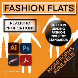 以下が含まれることがあります： 「FASHION FLATS」と「REALISTIC PROPORTIONS」の文字が入ったオレンジ色のグラフィック。ファッションデザインのフィギュアのイラストと、Adobe Illustrator、Photoshop、Procreate、PDFのソフトウェアアイコンが特徴です。「MORE FORMS AVAILABLE!」の文字も表示されています。