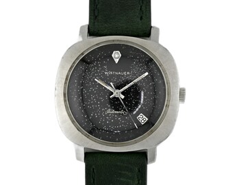 Wittnauer 1960s, acero inoxidable, caja tipo OVNI, esfera con pátina de estrellas, negro, para hombre, 34 mm