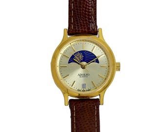 Adolfo 1990's Vintage Day Night Gold Plated Indicator Ladies Quartz Wrist Watch