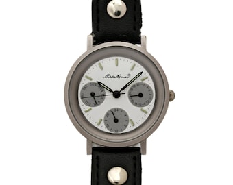 Eddie Bauer Ladies Day Date White Dial Black Leather Wrist Watch Stainless Steel