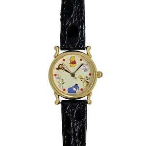 Disney Winnie The Poo Ladies Gold Plated Wrist Watch Silver Dial Black Leather