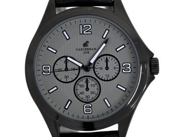 Caribbean Joe Men's Grey Dial Black Leather Strap Quartz Watch