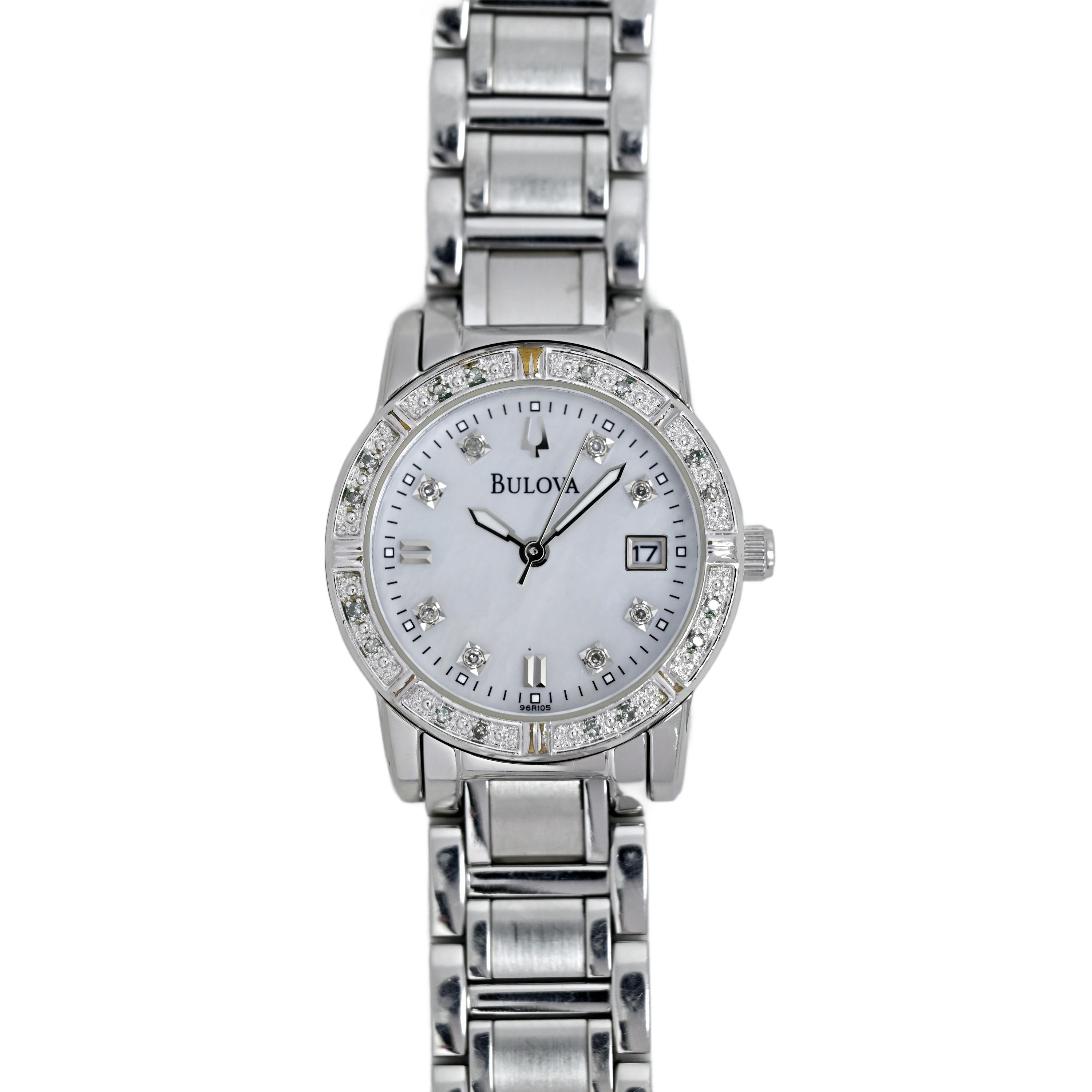 BULOVA~96R08~diamond bezel~LADIES\' STAINLESS STEEL MOTHER OF PEARL DIAL WATCH Bulova Ladies Bracelet-style Roman Steel Watch With Subtle  main image 4