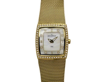 Skagen Denmark Ladies Gold Plated Steel Watch Mother of Pearl Crystals Preowned