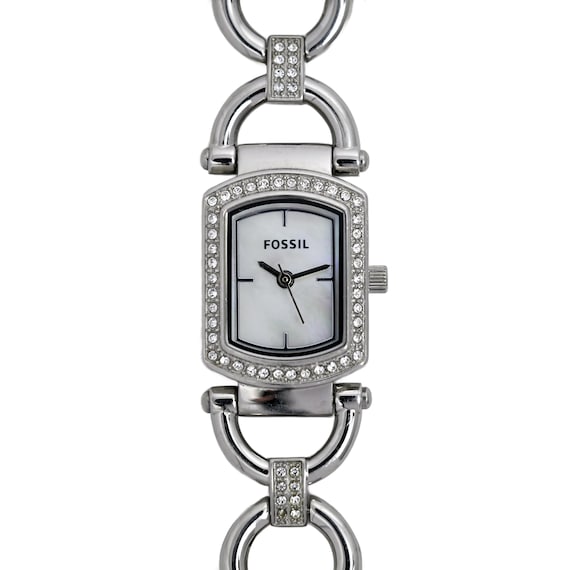 Fossil Ladies Bangle Watch Crystal Bezel Stainless Steel MOP Dial