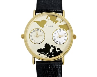 Avanti Dual Time Traveler Gold Plated Vintage Watch Black Strap 34mm