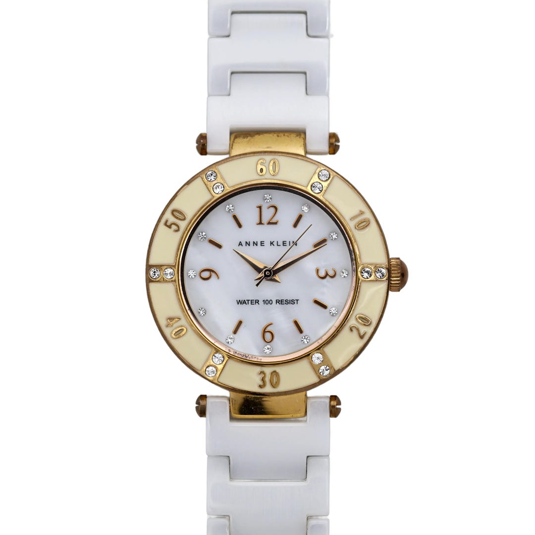 Anne Klein Crystal Bezel Watch White Bracelet Gold Tone Roman Dial 35mm Quartz Anne Klein Gold Bezel Two Tone Bracelet Roman White Dial  main image 2