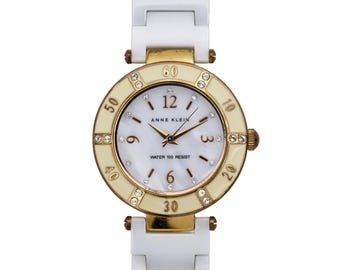 Anne Klein White Ceramic Gold Damen Diamant Armbanduhr