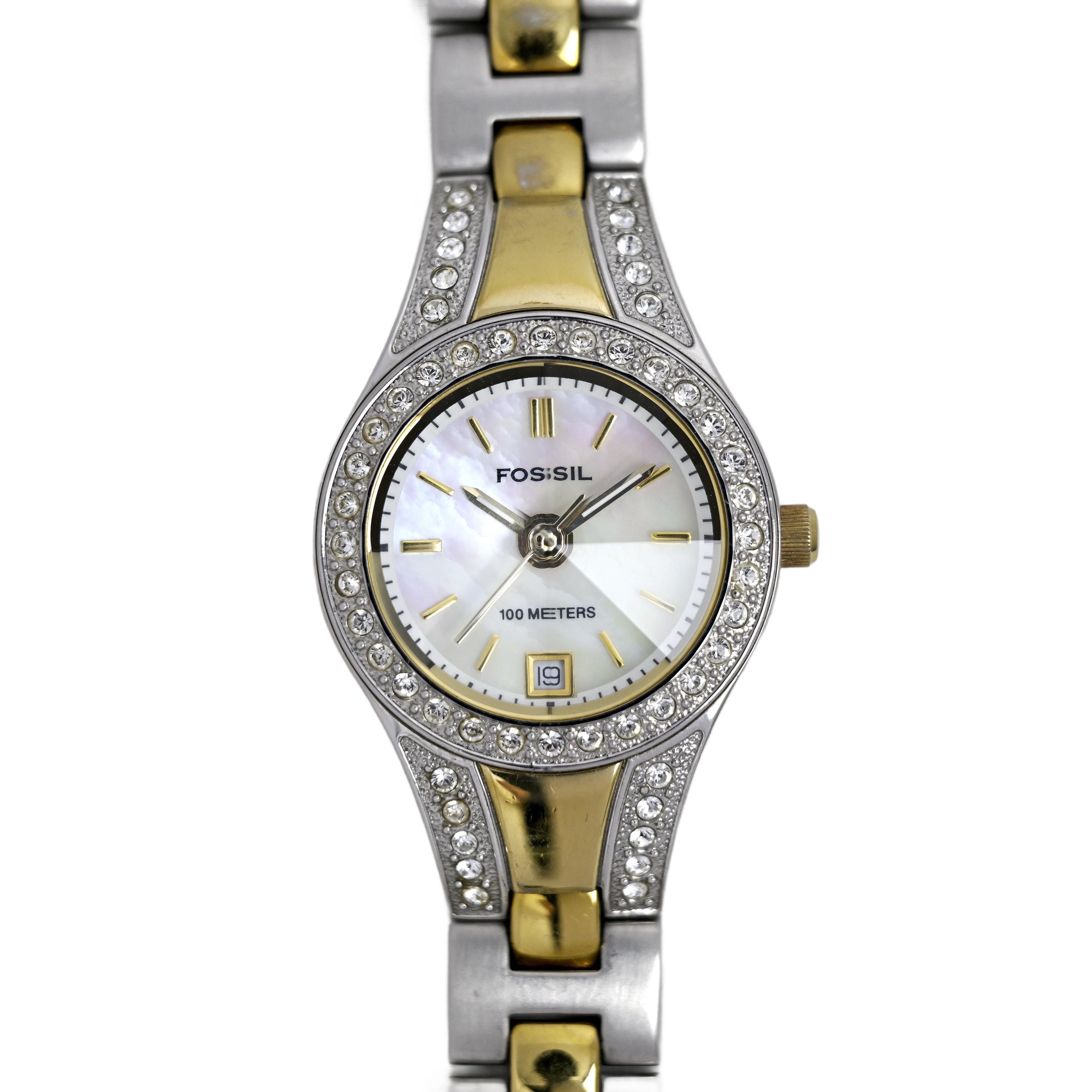 Fossil Diamond Ladies Faceted Crystal Watch 100m Quartz MOP 