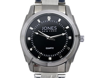 Reloj de pulsera Jones New York para hombre con esfera negra y diamantes,  nuevo en caja