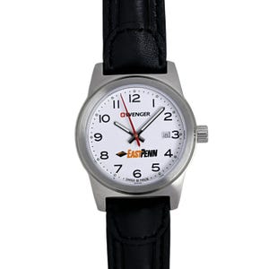 May include: A silver-toned Wenger wristwatch with a white face, black numerals, and a black leather band. The watch features a red second hand and the text "EASTPENN" in orange and black. The watch is Swiss made.