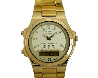 Pulsar by Seiko Watch Gold Plated Alarm Chronograph Digital Analog 100m Resist
