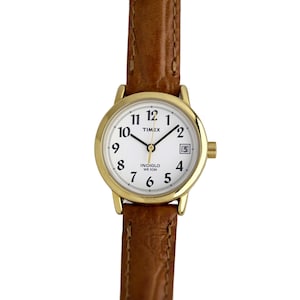 Timex Gold Tone White Dial Brown Leather Strap Indiglo Water Resistant Watch