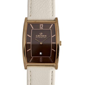 Grenen Denmark Women&#39;s Gold Tone Rectangle Brown Dial Date White Leather Watch