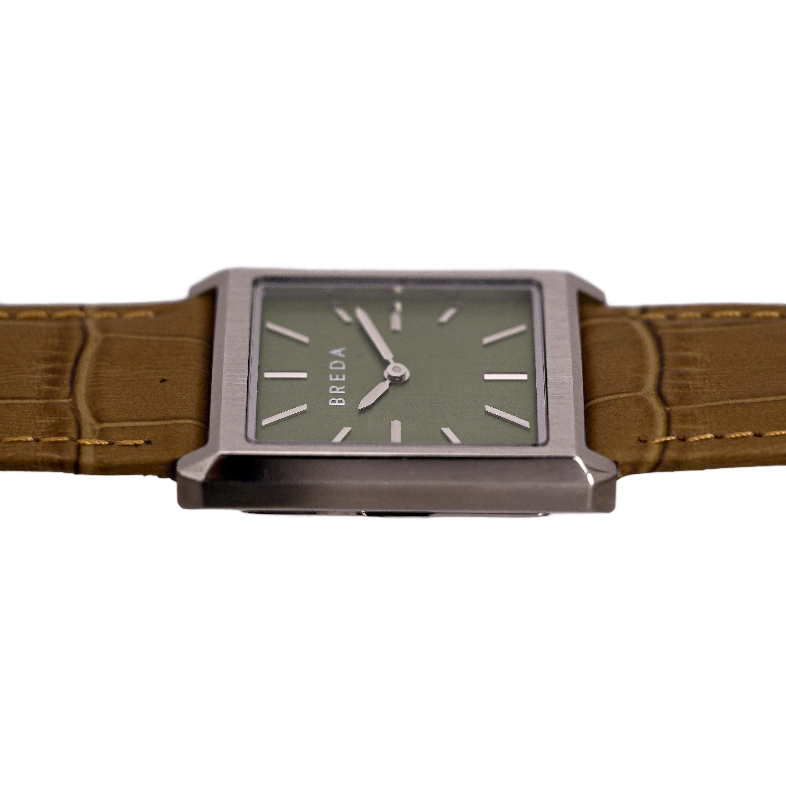 Breda Men\'s Watch Minimalist Canvas Strap Breda Tank Brown Genuine Leather Green Dial Unisex 27x35mm  main image 4