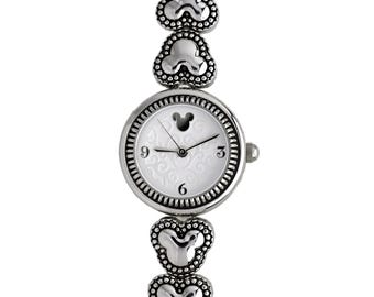 Disney Ladies Silver Watch White Dial Mickey Mouse Heart Link 5 5 inch Bracelet