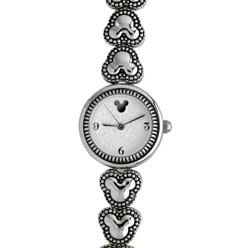 Disney Ladies Silver Watch White Dial Mickey Mouse Heart Link 5 5 inch Bracelet image 1
