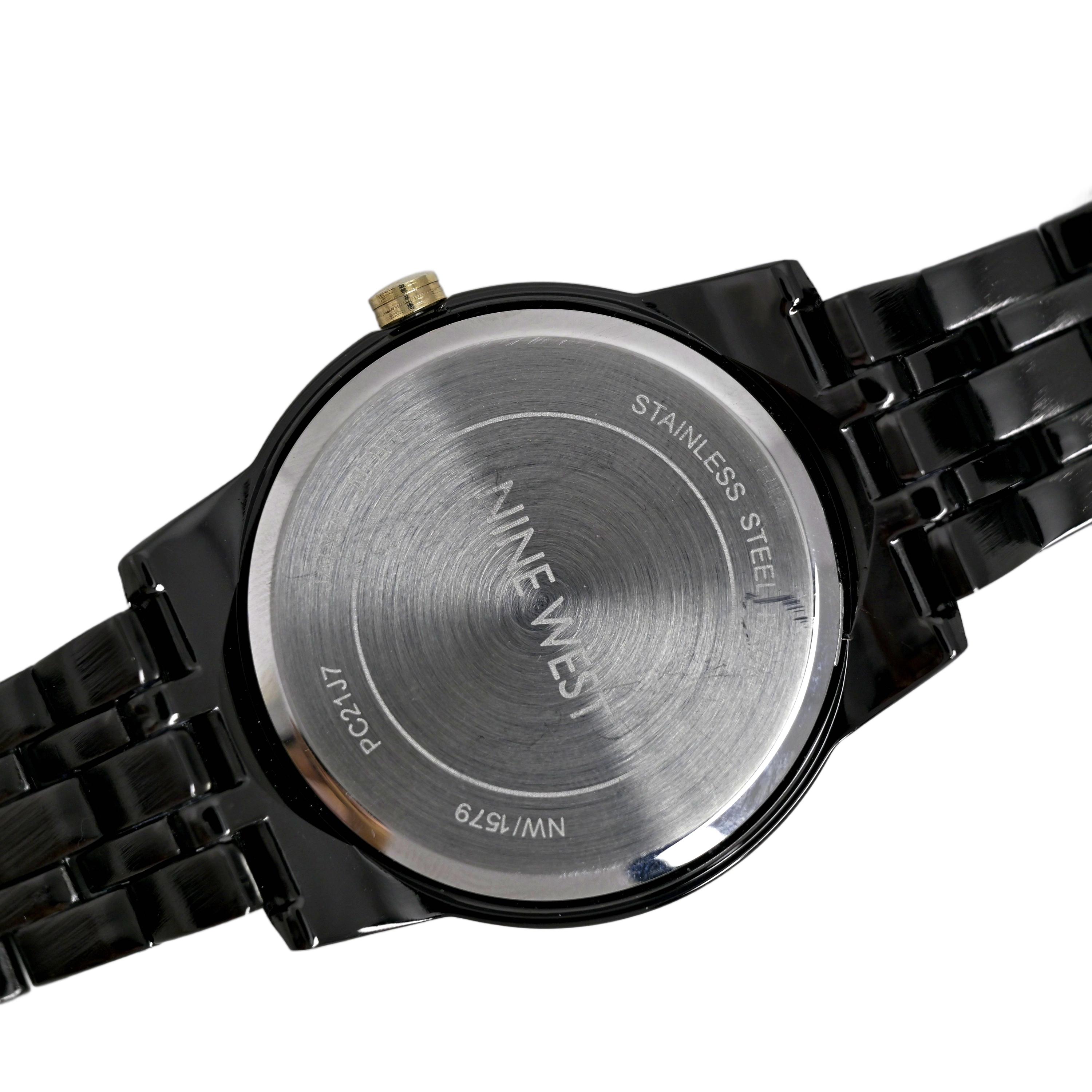 Nine West Watch Black Dial Gold Bezel Floral Design Black 