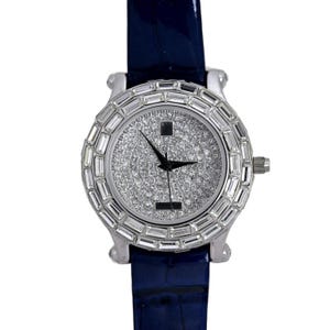 Victoria Wieck Diamond Watch Steel Baguette Crystal Bezel Pave Diamond Dial Navy