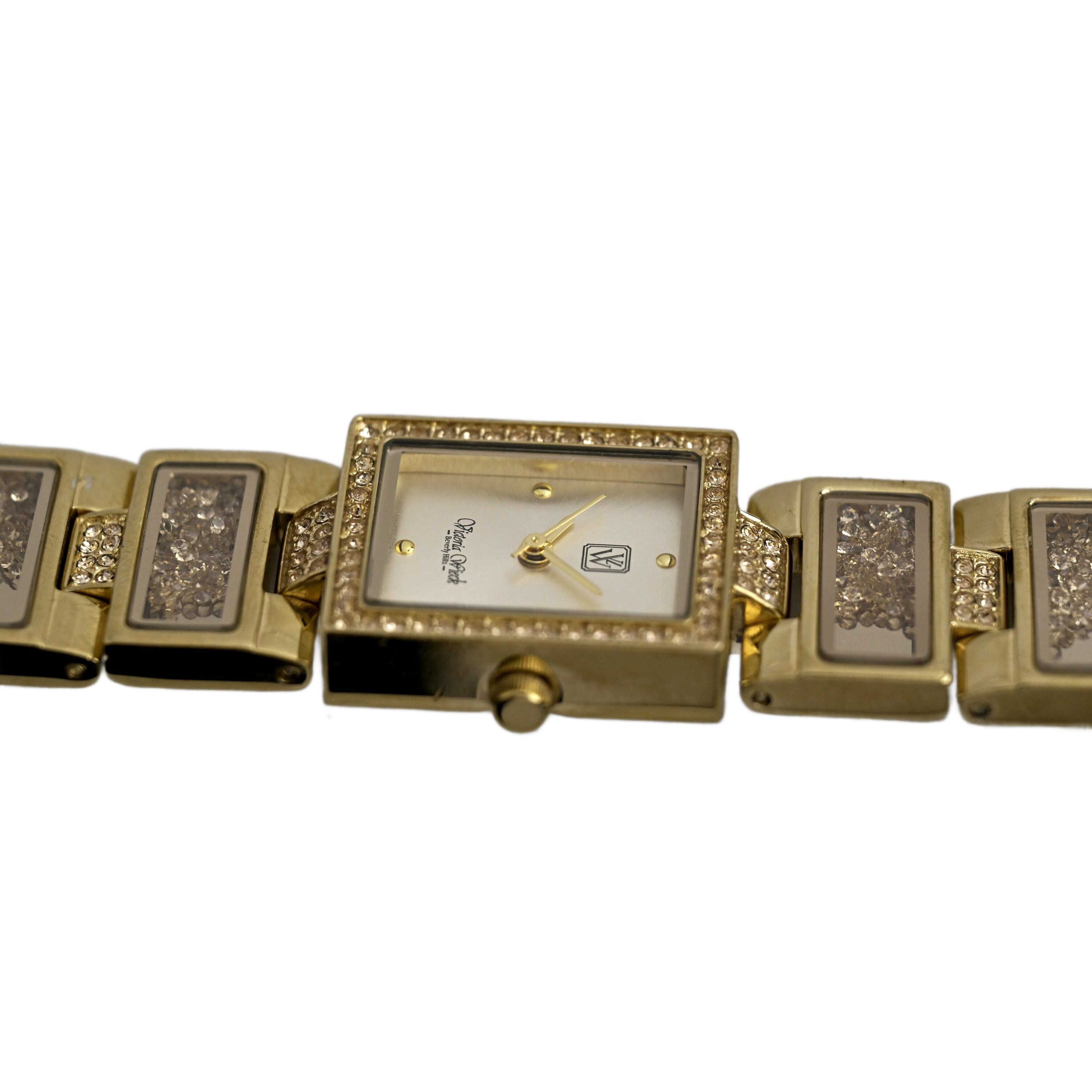 Victoria Wieck Gold Tone Square Crystal Bezel White Dial 