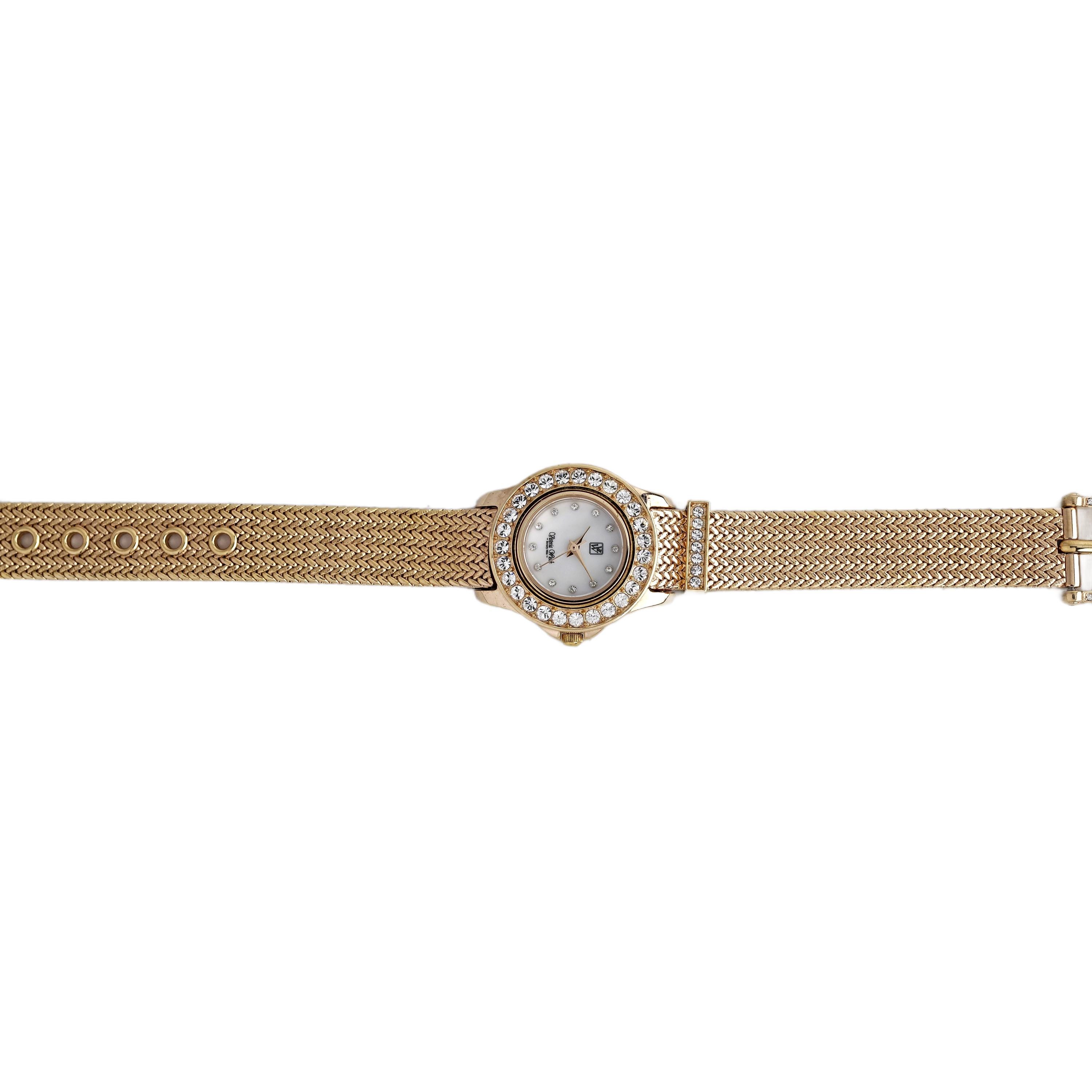 Victoria Wieck Gold Tone Crystal Bezel White Dial Mesh 