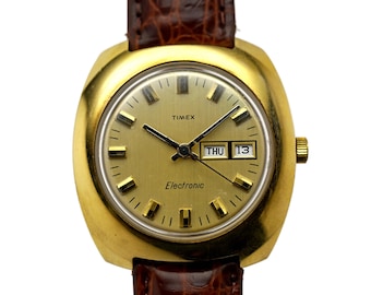 Vintage Timex ELECTRIC Rare Mens Watch W/date Goldtone W/spiedel