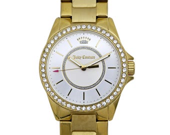 Orologio da polso da donna Juicy Couture placcato oro con lunetta in diamanti, 36 mm