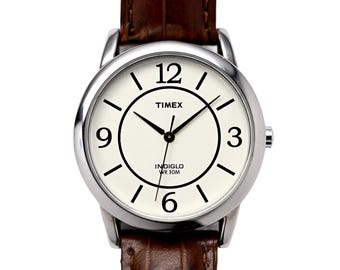 Timex Indiglo Biała tarcza z wzorem Tarcza arabska 35 mm Zegarek unisex z prawdziwej skóry