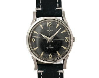 Wyler Incaflex Dynawind 1960s Black Dial Watch Blue Suede Strap
