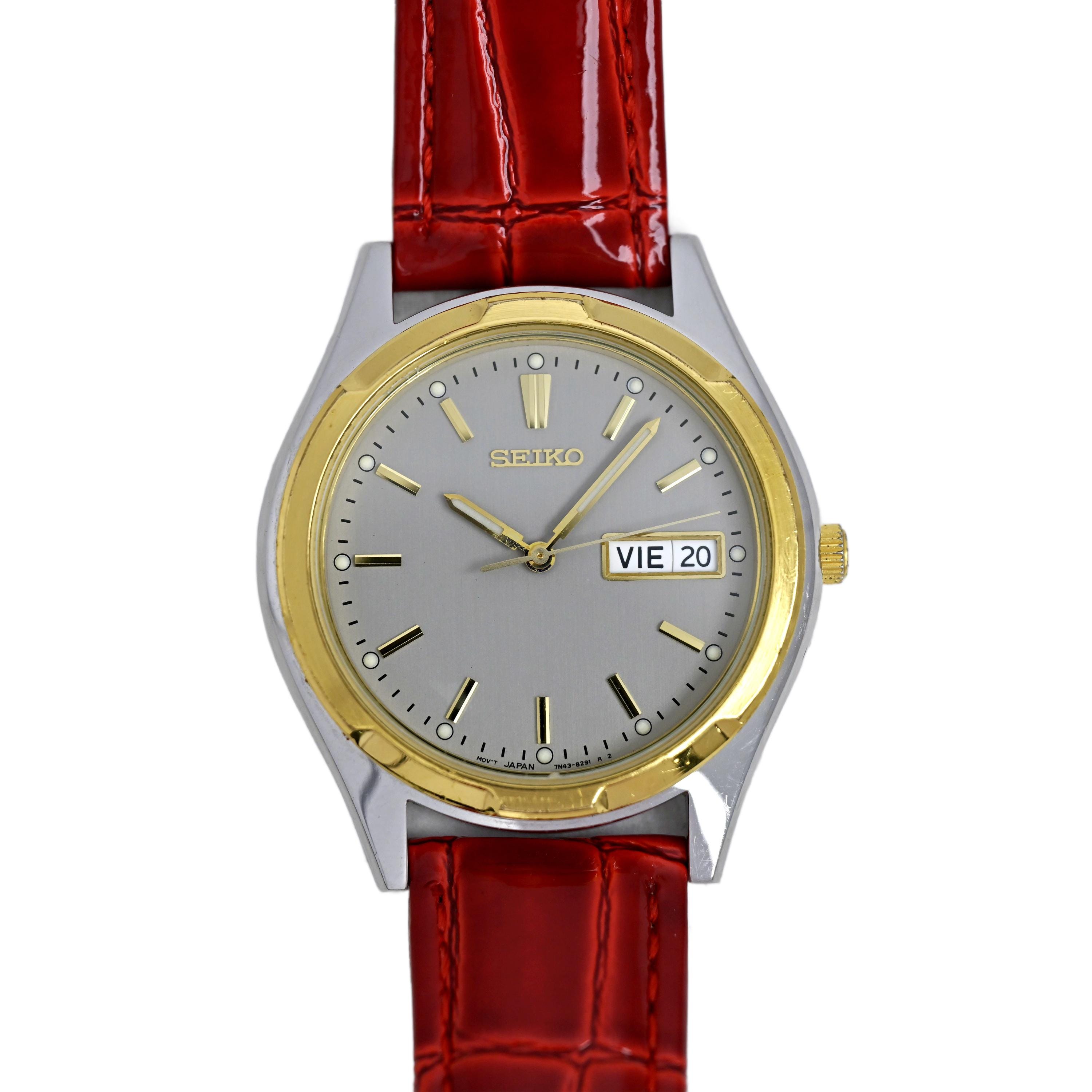 Seiko Men's Vintage 1990's Steel Two Tone Red Genuine Leather