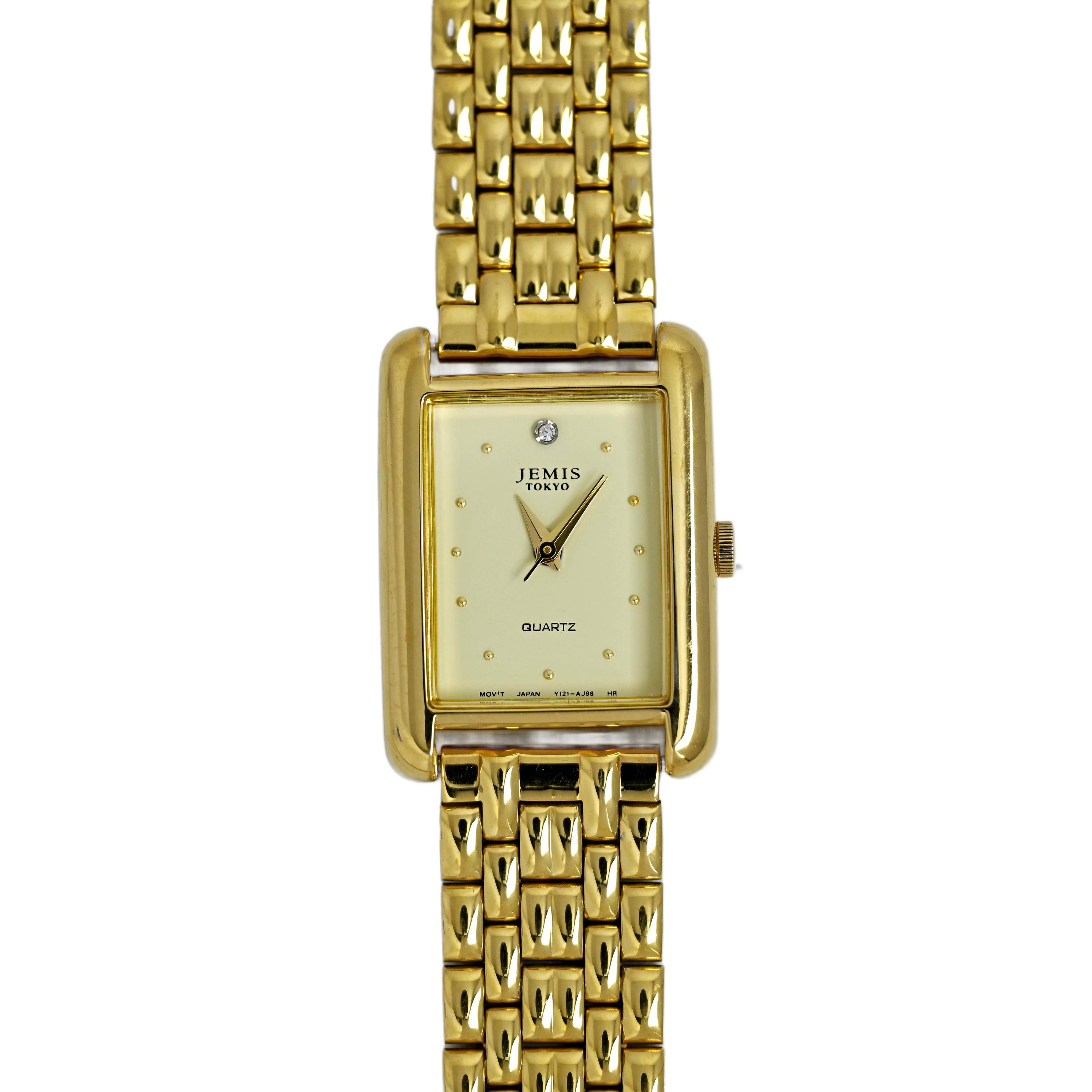 Jemis Tokyo Quartz Ladies Watch Gold Plated Tank Diamond Accent 