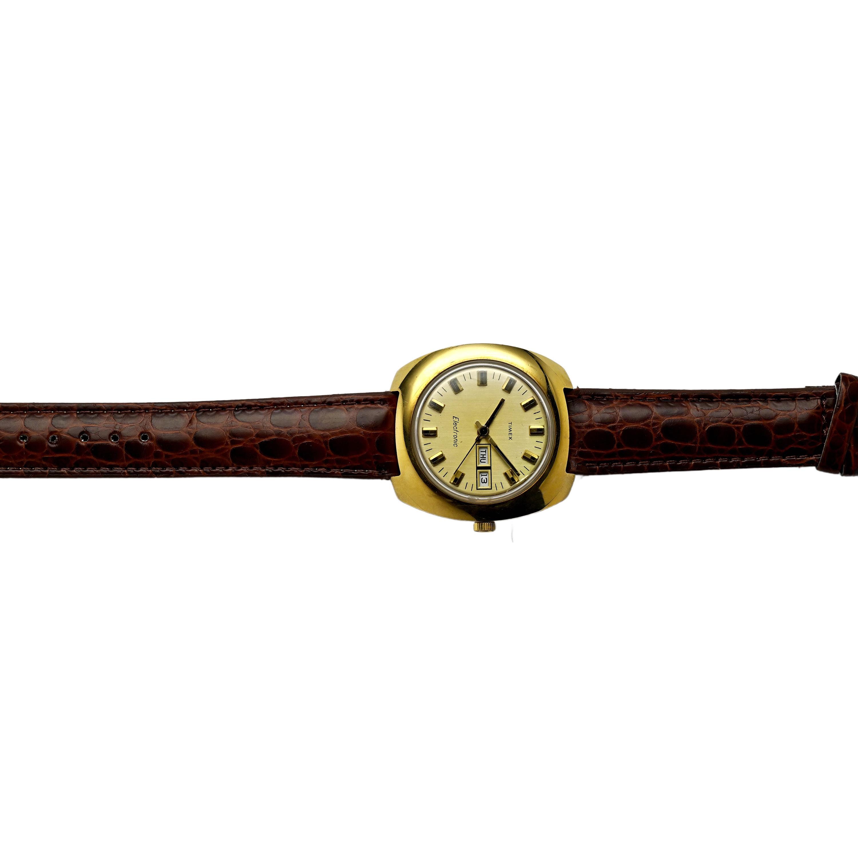 Timex Electric Gold Plated Gold Dial Day Date Vintage Watch