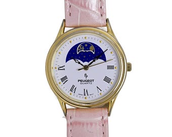 Peugeot Ladies Quartz Moon Phase Watch 90s White Roman Dial Pink