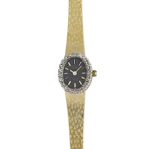 Belair Ladies Gold Tone Oval Watch Crystal Bezel Black Dial Mesh Bracelet