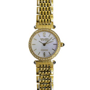Gruen Swiss Diamond Bezel Gold Tone Mother of Pearl Dial Ladies Bracelet Watch