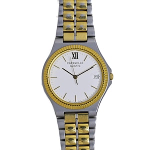 Caravelle Bulova Vintage 1990 Men&#39;s Gold Plated Watch Two Tone Quartz White Dial