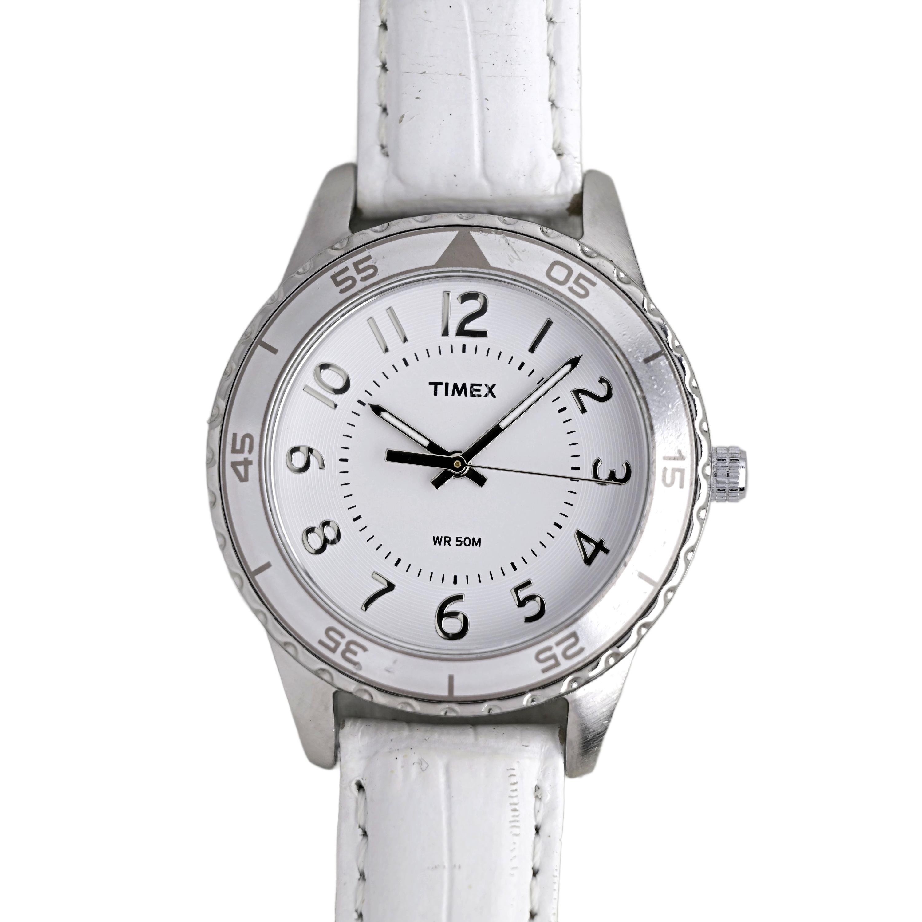 Timex White Leather Strap Watch Silver Case Rotating Bezel 