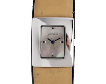 Carolee Ladies Rectangular Watch Mother of Pearl Dial Brown Leather Strap Silver