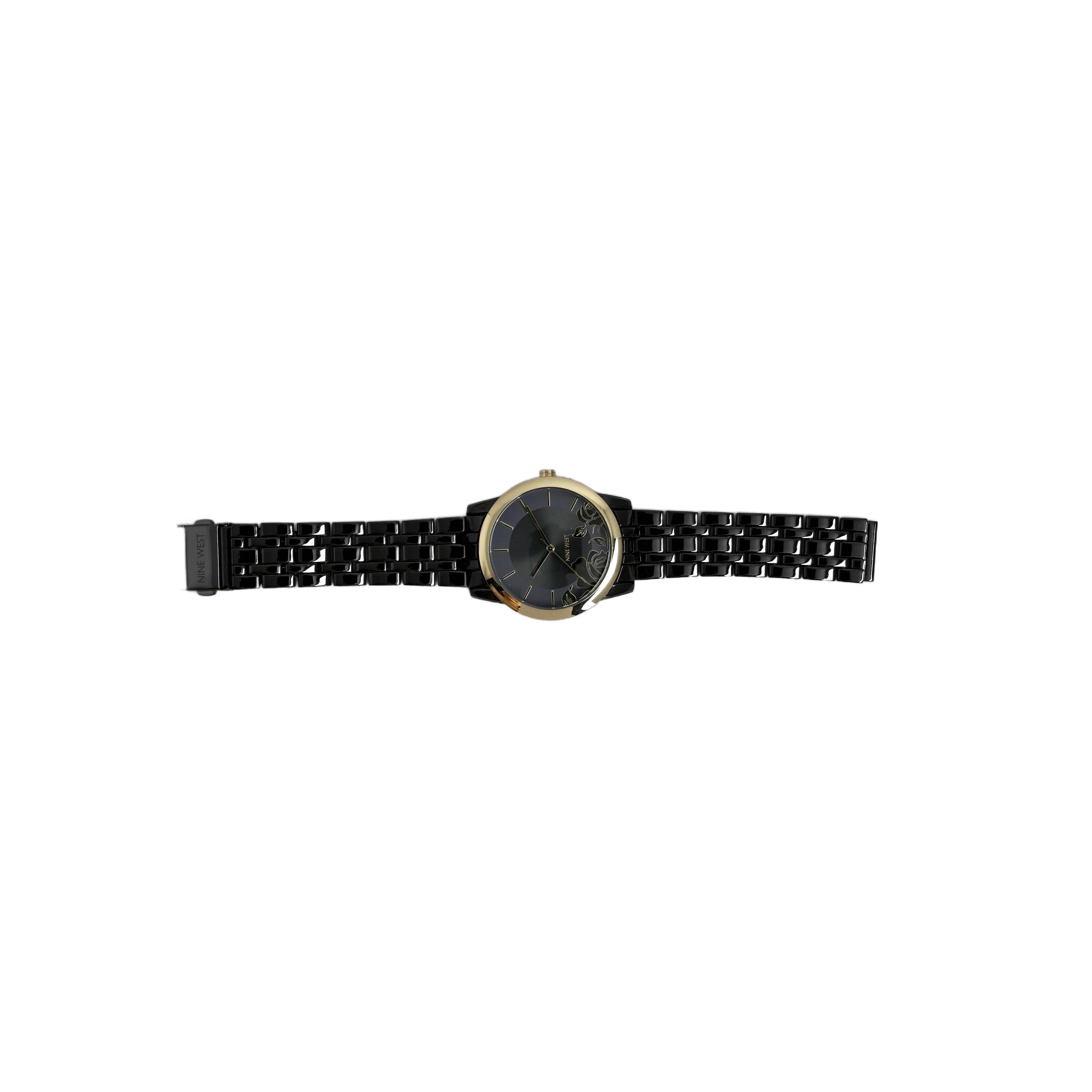 Nine West Women\'s Gold Black Analog Quartz Textured Dial Classic Bracelet Watch Nine West Watch Black Dial Gold Bezel Floral Design Black  main image 3