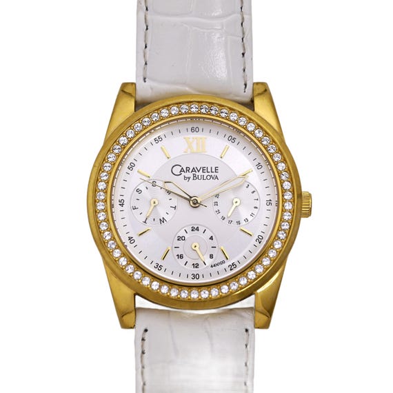 Caravelle Bulova Ladies Diamond Bezel White Dial Gold Plated 